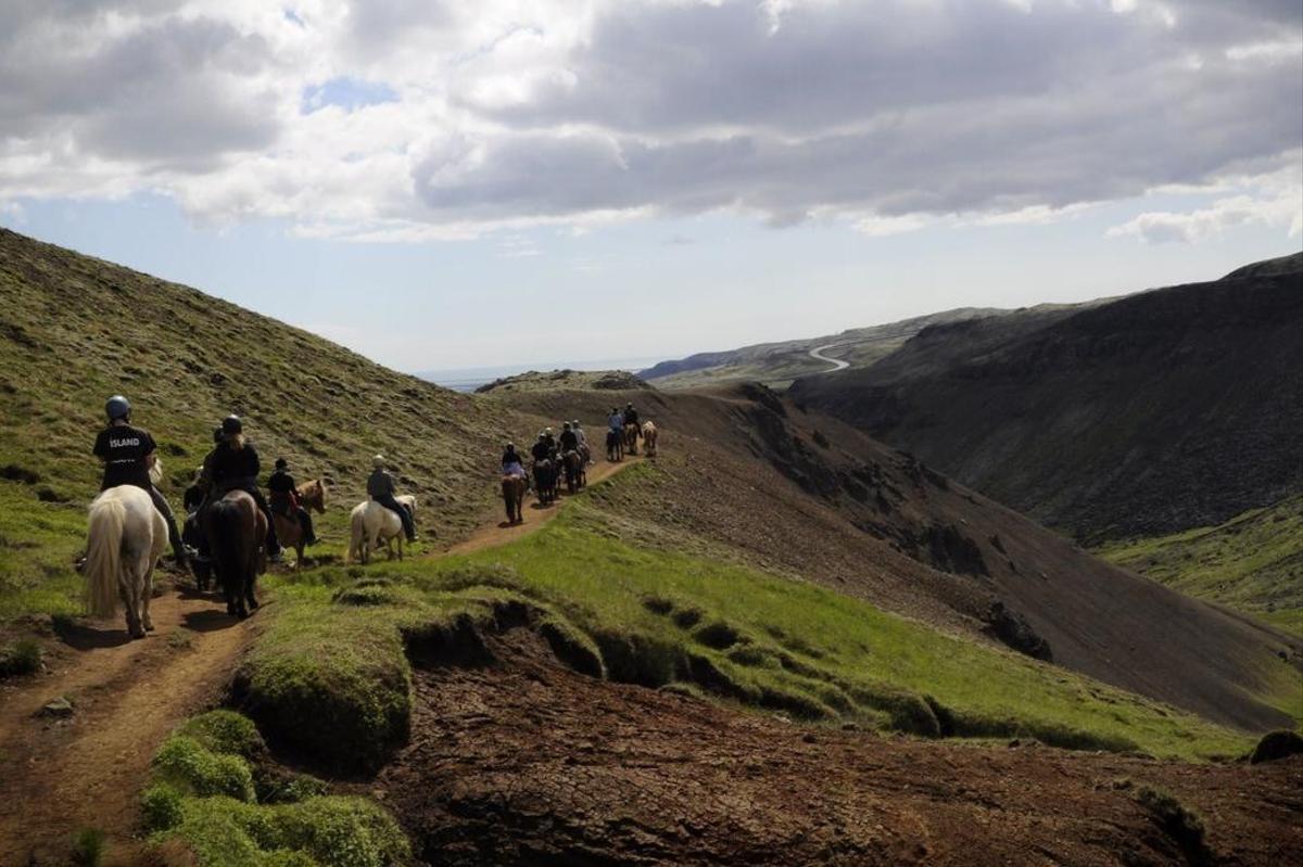 Group of tourists riding horses in Iceland
