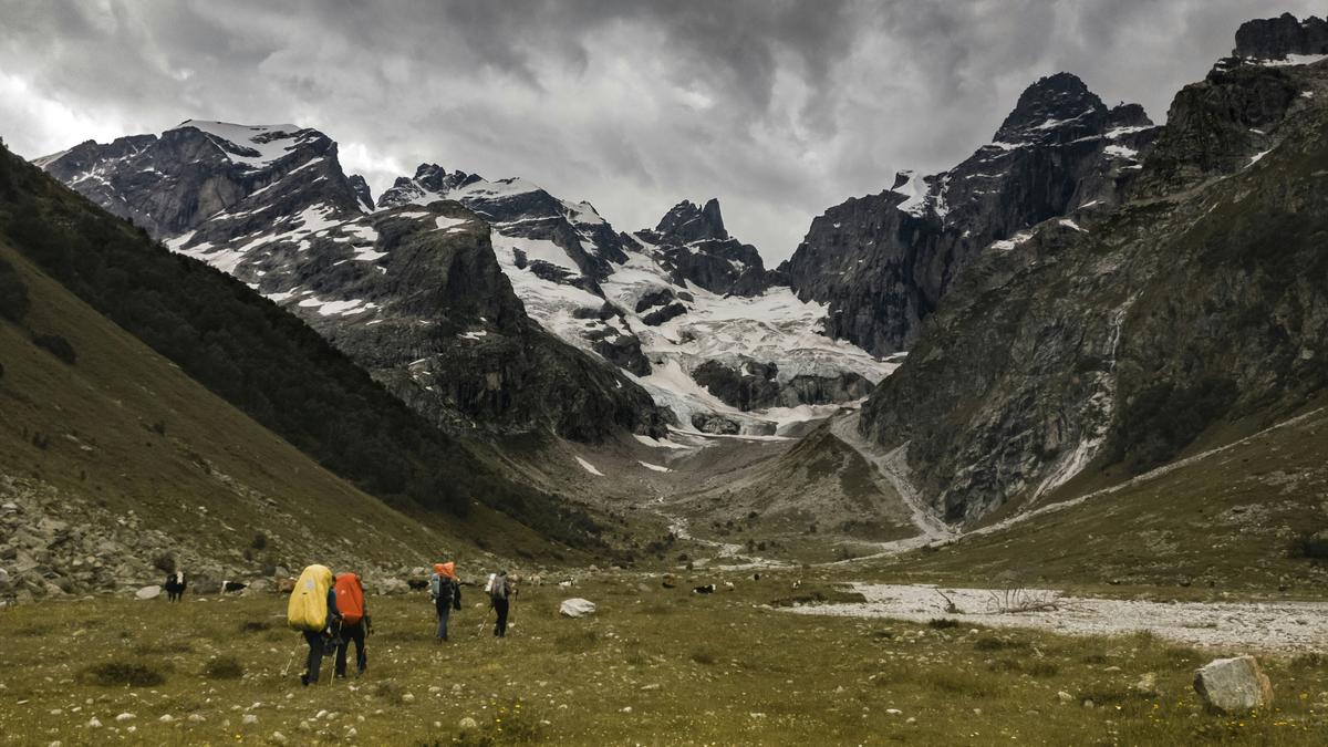 A group of tourists in the mountains