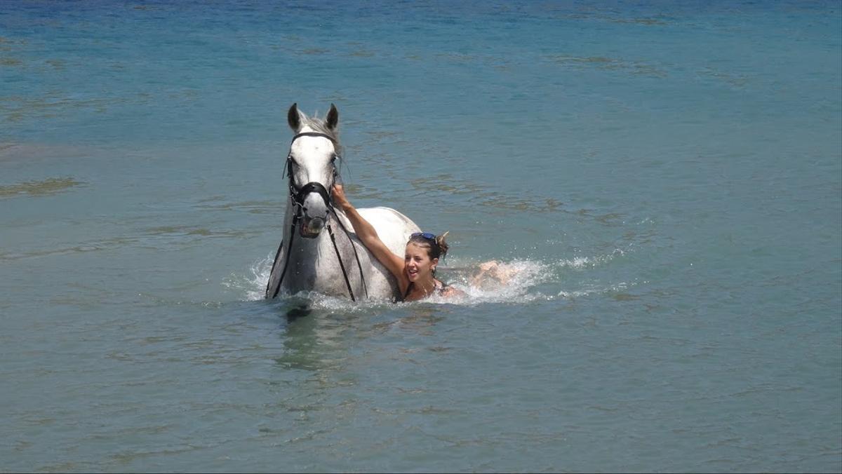 Girl swims with a horse in the sea