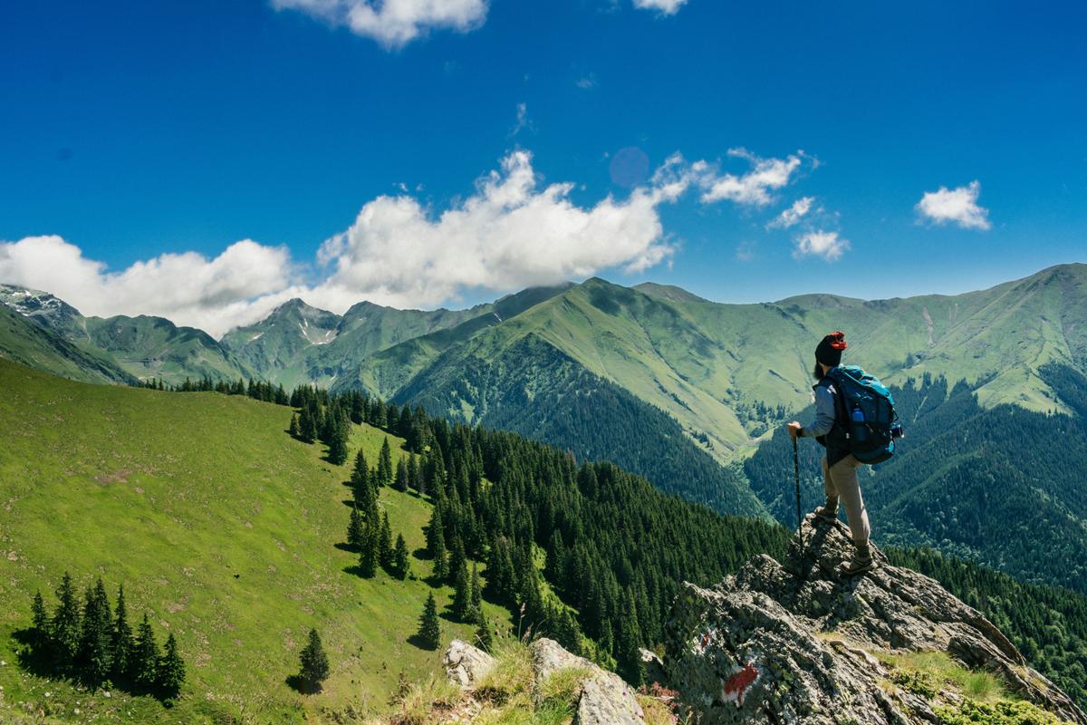 Tourist in the mountains of Romania