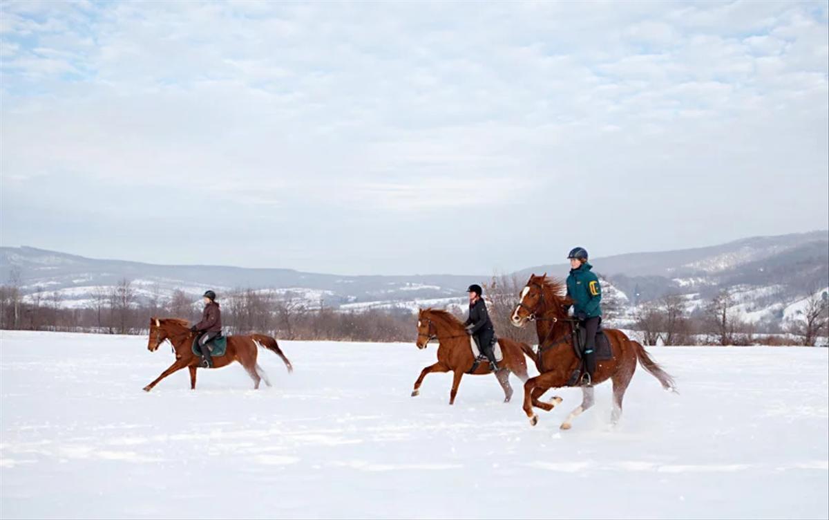 Girls on horseback galloping through snowy Romania