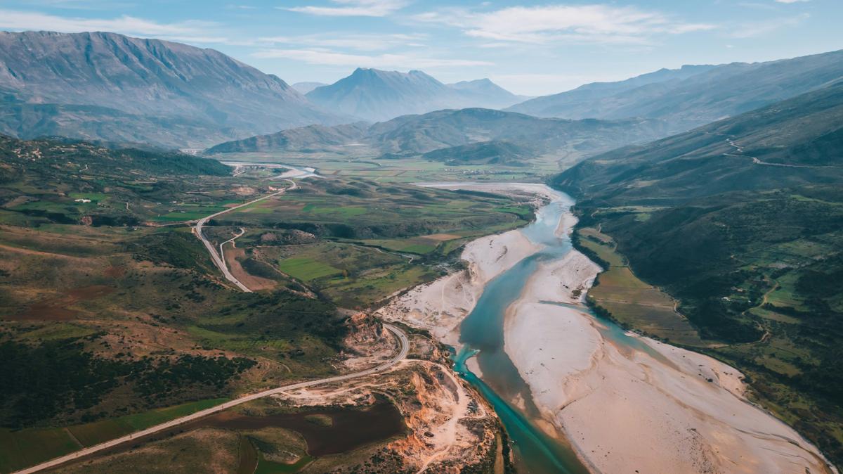 The Vjosa river in Albania, surrounded by mountains