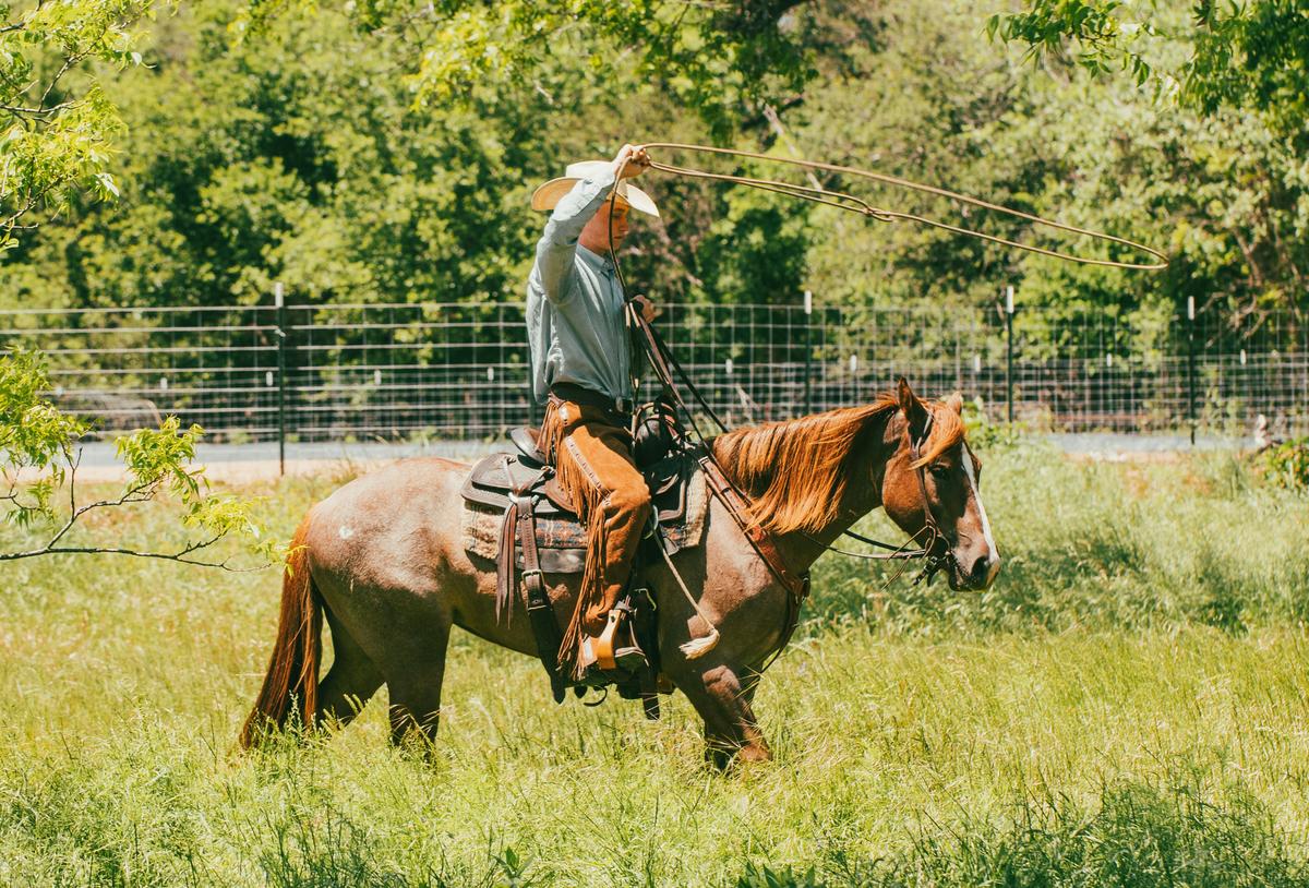 A man riding a horse with a lasso