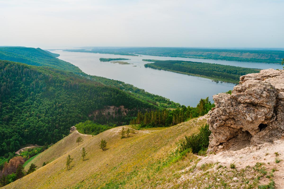 Панорама гор с густым лесом и Волгой на заднем плане