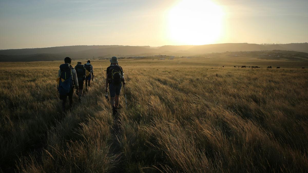 A group of tourists on a trek in Africa